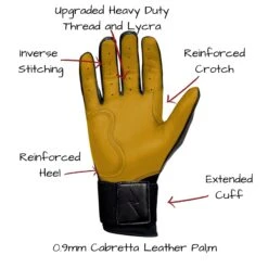 Bruce Bolt PREMIUM PRO Long Cuff Batting Gloves: Black -Baseball Gear Store LC BLKG PALM CALLOUTS
